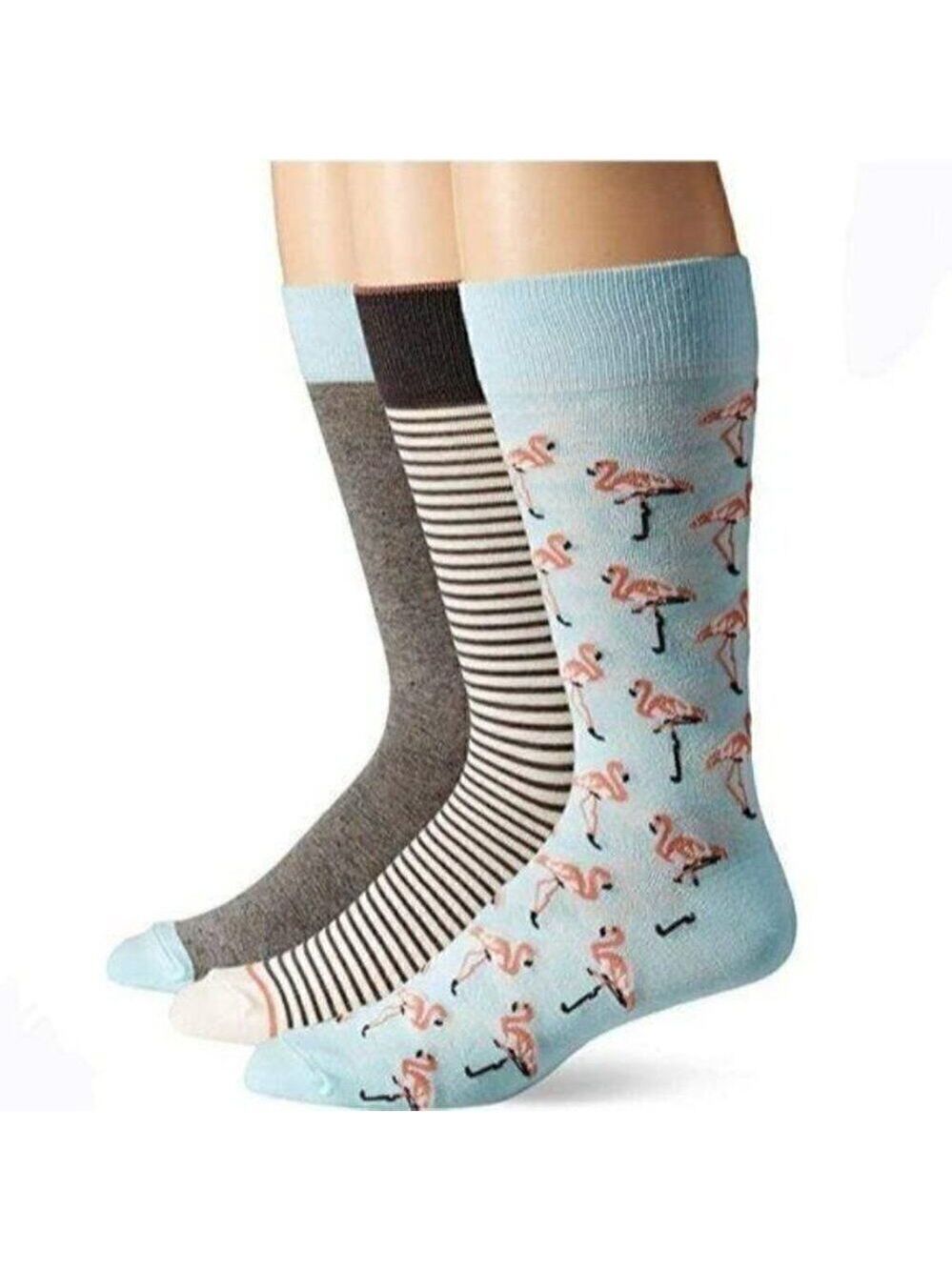 3 Pack Trouser Socks Tropical Flamingo Striped Unisex M 8-12 W 10-13